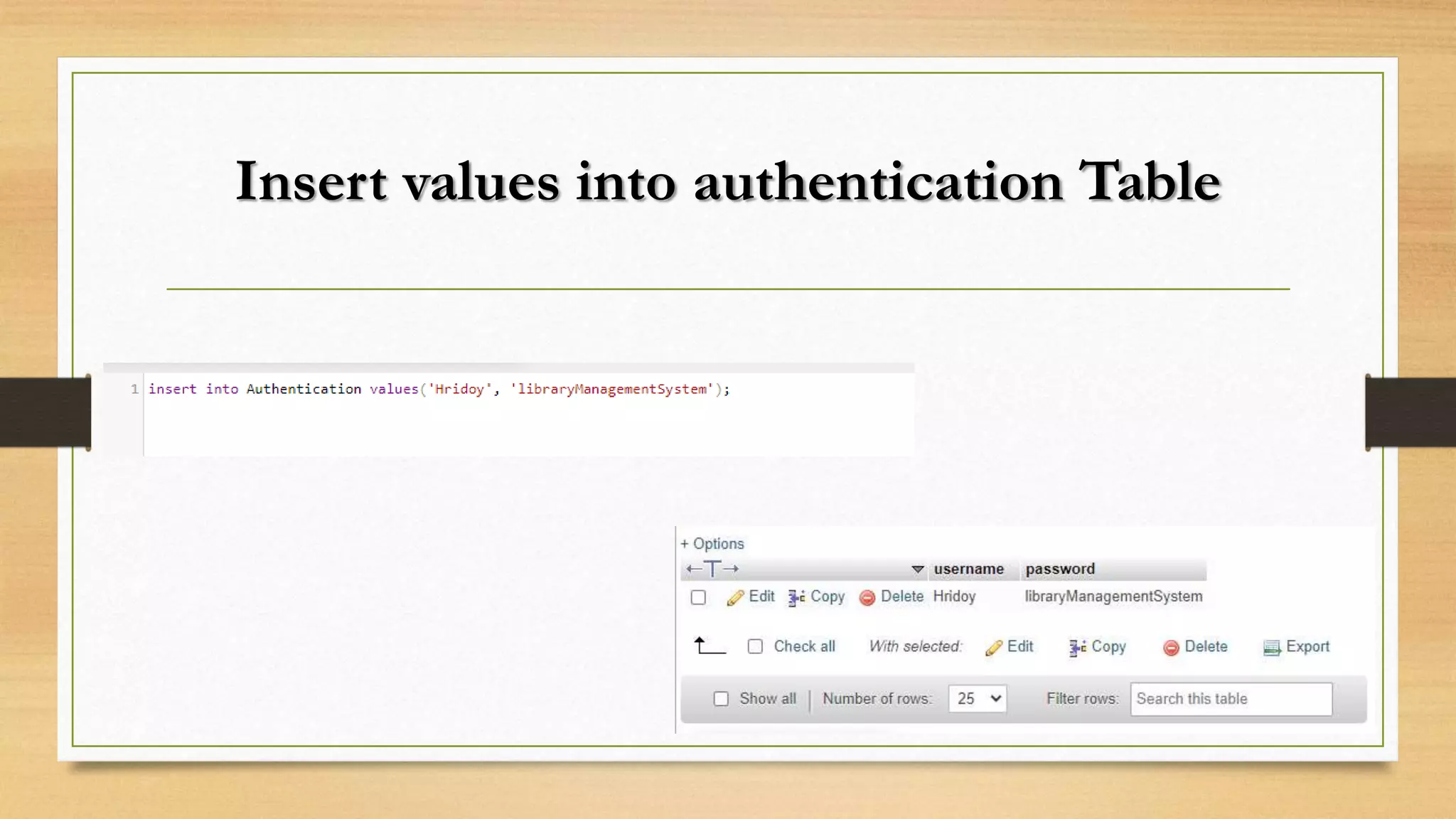 Insert values into authentication Table