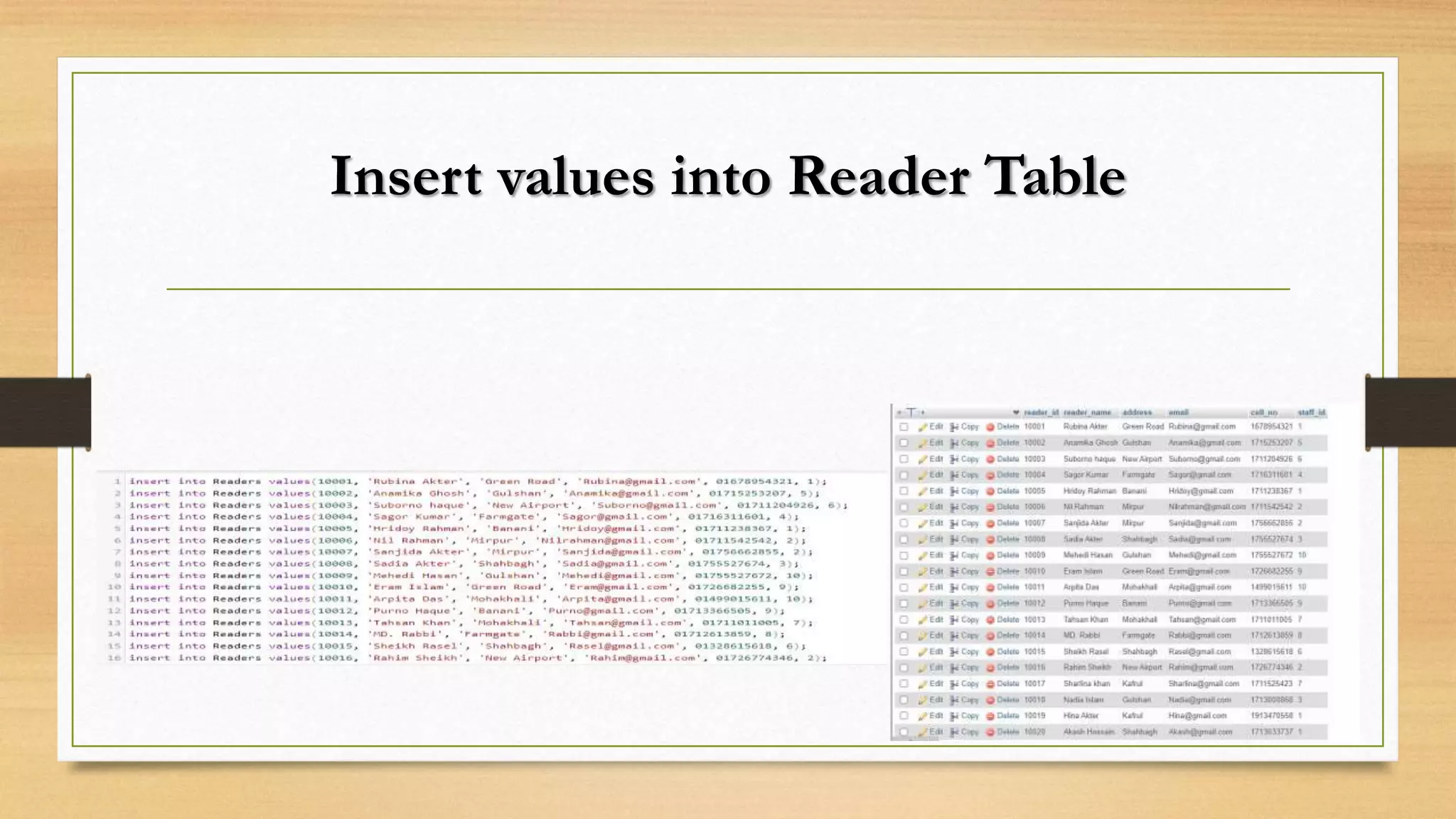 Insert values into Reader Table