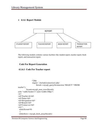 Library Management System
Division Of Computer Science And Engineering Page 80
 4.1.6 Report Module
The following module contains various facilities like student report, teacher report, book
report, and transaction report.
Code For Report Generation
4.1.6.1 Code For Teacher report
<?php
require '../include/connection1.php';
$result = mysqli_query($connection,"SELECT * FROM
teacher");
$count=mysqli_num_rows($result);
echo "<table border='1' style='width=100px'>
<tr>
<td>Teacher id</td>
<td>Name</td>
<td>Designation</td>
<td>Branch</td>
<td>Contact no</td>
</tr>";
while($count>0)
{
while($row = mysqli_fetch_array($result))
REPORT
STUDENT REPORT TEACHER REPORT BOOK REPORT TRANSACTION
REPORT
 