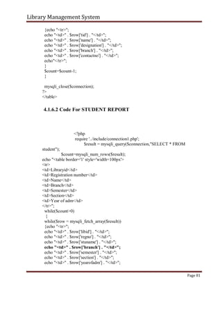 Library Management System
{echo "<tr>";
echo "<td>" . $row['tid'] . "</td>";
echo "<td>" . $row['name'] . "</td>";
echo "<td>" . $row['designation'] . "</td>";
echo "<td>" . $row['branch'] . "</td>";
echo "<td>" . $row['contactno'] . "</td>";
echo"</tr>";
}
$count=$count-1;
}
mysqli_close($connection);
?>
</table>
4.1.6.2 Code For STUDENT REPORT
<?php
require '../include/connection1.php';
$result = mysqli_query($connection,"SELECT * FROM
student");
$count=mysqli_num_rows($result);
echo "<table border='1' style='width=100px'>
<tr>
<td>Libraryid</td>
<td>Registration number</td>
<td>Name</td>
<td>Branch</td>
<td>Semester</td>
<td>Section</td>
<td>Year of adm</td>
</tr>";
while($count>0)
{
while($row = mysqli_fetch_array($result))
{echo "<tr>";
echo "<td>" . $row['libid'] . "</td>";
echo "<td>" . $row['regno'] . "</td>";
echo "<td>" . $row['stuname'] . "</td>";
echo "<td>" . $row['branch'] . "</td>";
echo "<td>" . $row['semester'] . "</td>";
echo "<td>" . $row['section'] . "</td>";
echo "<td>" . $row['yearofadm'] . "</td>";
Page 81
 