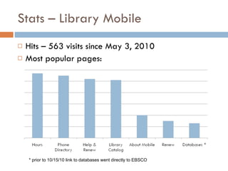 Stats – Library Mobile Hits – 563 visits since May 3, 2010 Most popular pages: * prior to 10/15/10 link to databases went directly to EBSCO 