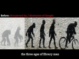 The evolution of library manBefore: Threatened by / dismissive of Google >>>>>Before: threatened by / dismissive of Google  the three ages of library man