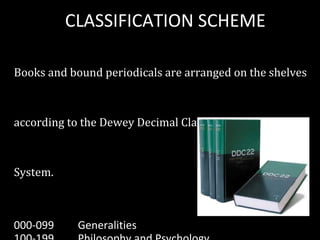 CLASSIFICATION SCHEME Books and bound periodicals are arranged on the shelves according to the Dewey Decimal Classification (DDC)  System.  000-099 Generalities 100-199 Philosophy and Psychology 200-299 Religion 300-399  Social Sciences 400-499 Language 500-599  Pure Sciences 600-699 Applied Sciences -799 Fine Arts 800-899 Literature 900-999 History and Geography 