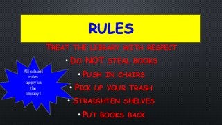 RULES
TREAT THE LIBRARY WITH RESPECT
• DO NOT STEAL BOOKS
• PUSH IN CHAIRS
• PICK UP YOUR TRASH
• STRAIGHTEN SHELVES
• PUT BOOKS BACK
All school
rules
apply in
the
library!
 