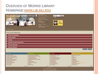 OVERVIEW OF MORRIS LIBRARY
HOMEPAGE:WWW.LIB.SIU.EDU
 
