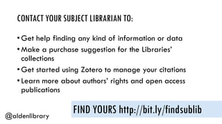 CONTACT YOUR SUBJECT LIBRARIAN TO:
•Get help finding any kind of information or data
•Make a purchase suggestion for the Libraries’
collections
•Get started using Zotero to manage your citations
•Learn more about authors’ rights and open access
publications
FIND YOURS http://bit.ly/findsublib@aldenlibrary
 