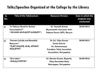 Talks/Speeches Organized at the College by the Library
SL
No.
Title of the Talk/Lecture Resource Persons Date in which the
program was
conducted
01 “Is Tobacco Good for Human
Consumption?”
(“ತಂಬಾಕು ಮನ್ನಶಾ ರಗ್ಗ ಅ಴ವಾ ವೇ?”)
Sri. Vasanth Kumar
Mysoremath, Convener, Anti-
Tobacco Forum (ATF), Mysuru
30-03-2015
02 “Farmers Suicide and Remedial
Measures”
“ರೈತರ ಆತಮ ಸತೆಾ ಮತುತ ಩ರಹಾರ
ಸಾಧಾ ತೆಗ್ಳು”
Dr. B.J. Vijay Kumar
Social Activist
Sri. Subramanaya
President, Taluk Journalists
Association, Periyapatna
28-09-2015
03 “Our Lakes”
“ನಮ್ಮಮ ರ ಕ್ಕರೆಗ್ಳು"
Sri. Naveen Kumar, Reporter,
Vijay Karnataka Daily
Newspaper, Periyapatna
26-09-2016
 