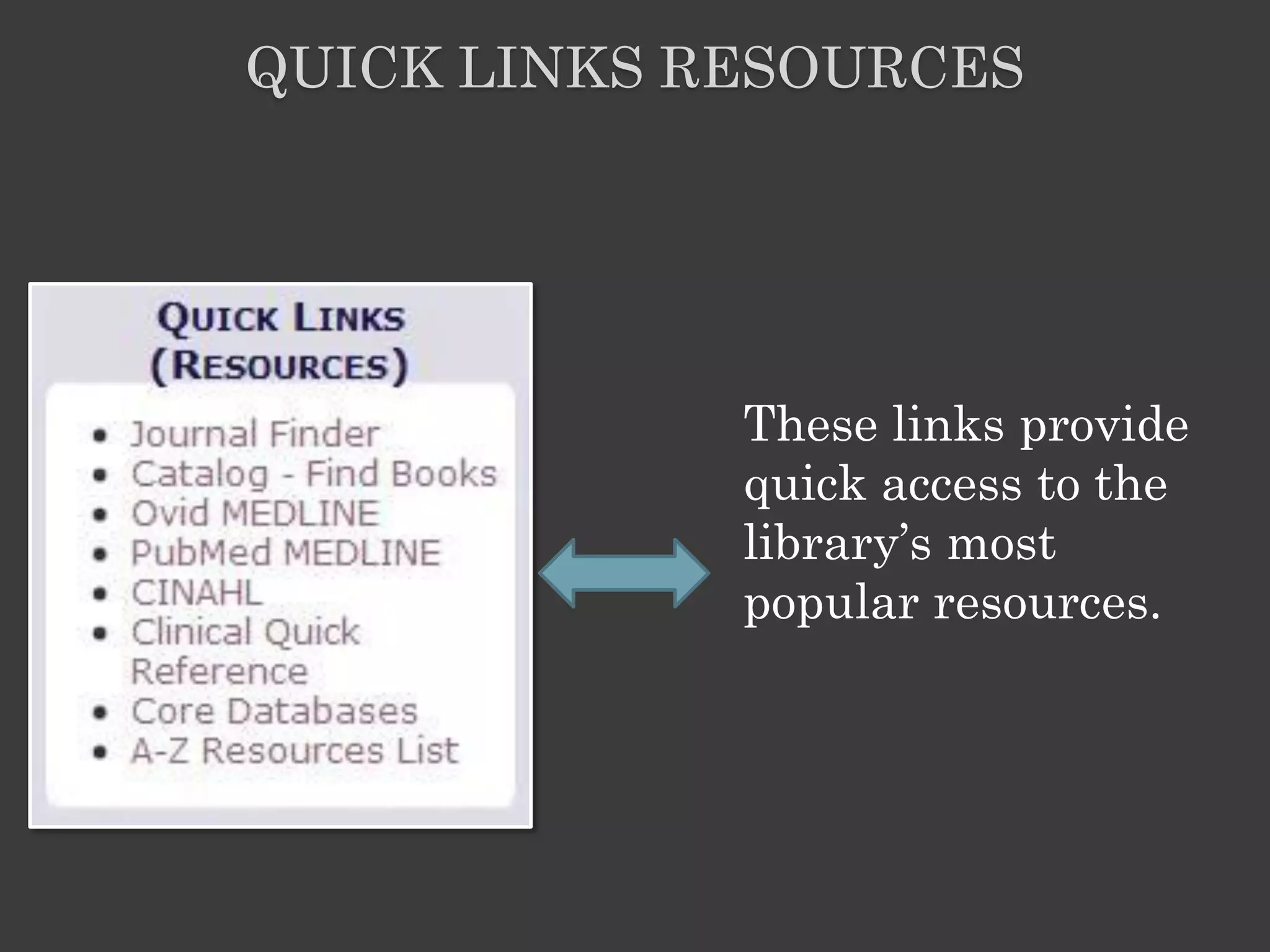 QUICK LINKS RESOURCES




             These links provide
             quick access to the
             library’s most
             popular resources.
 