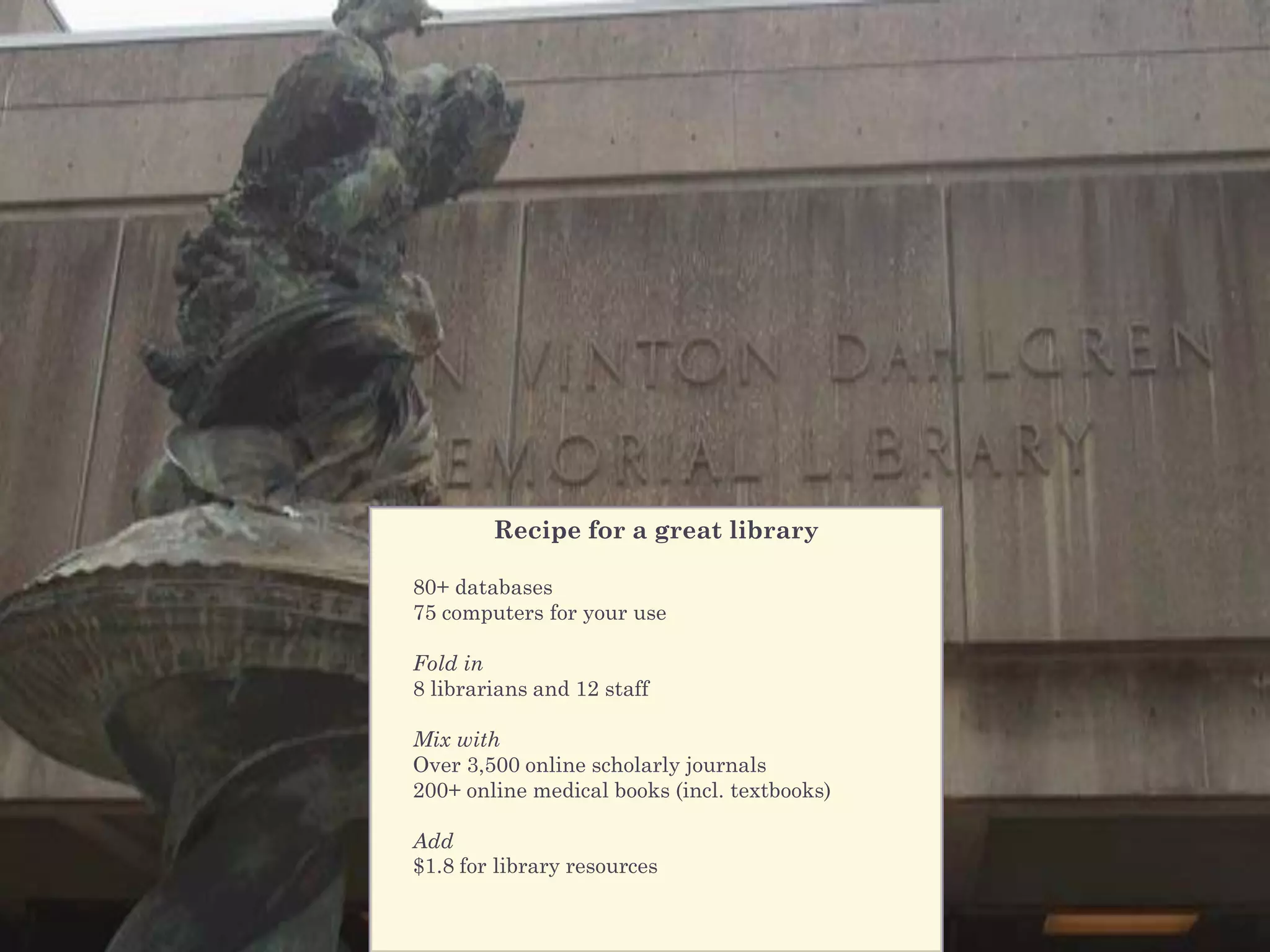 Recipe for a great library

80+ databases
75 computers for your use

Fold in
8 librarians and 12 staff

Mix with
Over 3,500 online scholarly journals
200+ online medical books (incl. textbooks)

Add
$1.8 for library resources
 
