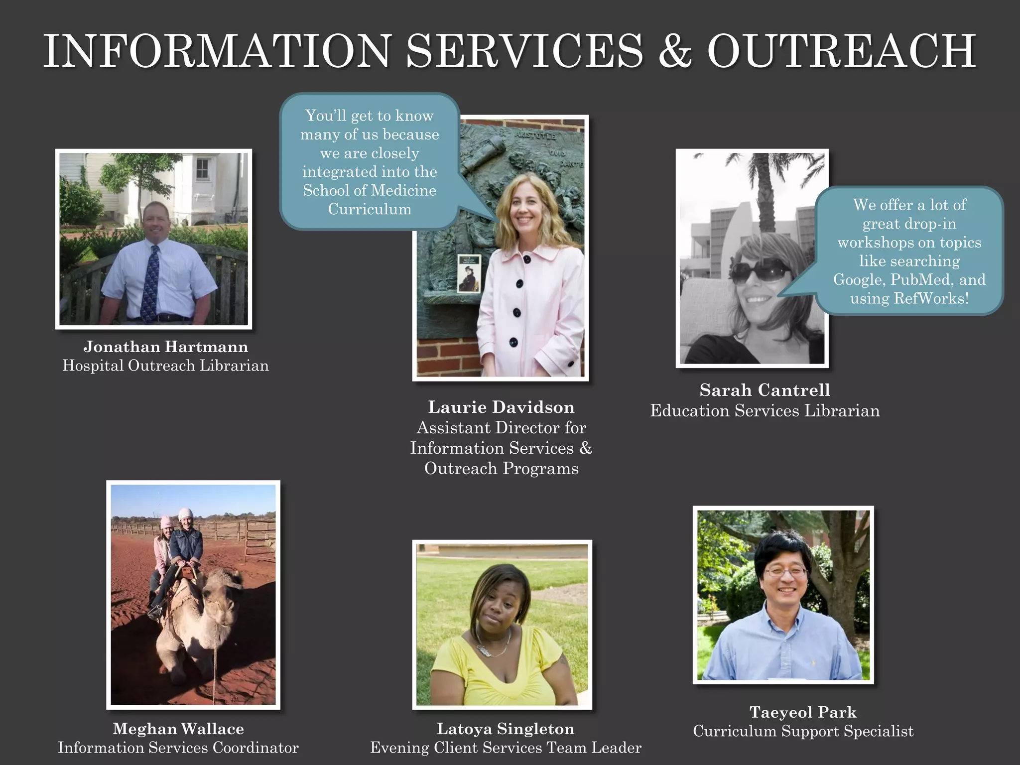 INFORMATION SERVICES & OUTREACH
                                    You’ll get to know
                                   many of us because
                                      we are closely
                                   integrated into the
                                   School of Medicine
                                       Curriculum                                                          We offer a lot of
                                                                                                             great drop-in
                                                                                                         workshops on topics
                                                                                                            like searching
                                                                                                         Google, PubMed, and
                                                                                                           using RefWorks!


  Jonathan Hartmann
Hospital Outreach Librarian
                                                                                       Sarah Cantrell
                                                    Laurie Davidson               Education Services Librarian
                                                   Assistant Director for
                                                  Information Services &
                                                    Outreach Programs




                                                                                              Taeyeol Park
       Meghan Wallace                               Latoya Singleton                   Curriculum Support Specialist
Information Services Coordinator            Evening Client Services Team Leader
 
