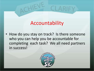 AccountabilityHow do you stay on track?  Is there someone who you can help you be accountable for completing  each task?  We all need partners in success!