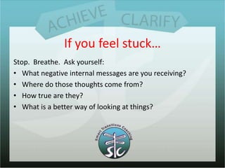 If you feel stuck…Stop.  Breathe.  Ask yourself:What negative internal messages are you receiving?Where do those thoughts come from?How true are they?What is a better way of looking at things?