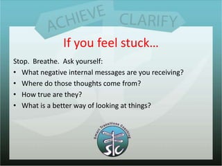 If you feel stuck…<br />Stop.  Breathe.  Ask yourself:<br />What negative internal messages are you receiving?<br />Where ...