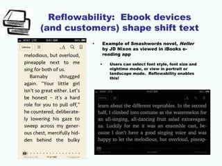 Reflowability: Ebook devices
(and customers) shape shift text
• Example of Smashwords novel, Heller
by JD Nixon as viewed in iBooks e-
reading app
• Users can select font style, font size and
nightime mode, or view in portrait or
landscape mode. Reflowability enables
this!
 