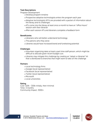 Task Descriptions
    Program Development
         • Develop program timeline
         • Prospective adoptive technologists enters the program each year
         • Adoptive technologists (ATs) are provided with a packet of information about
           the library and its challenges
         • ATs come into the library at least once a month to have an “office hours”
           session with their librarian
         • After each session ATs and librarians complete a feedback form

    Beneﬁciaries
        • Librarians who will better understand technology
        • The patrons who they serve
        • Libraries would have increased brand and fundraising potential

    Challenges
        • Volunteer organizing takes at least a part time staff person, which might be
          difficult to allocate given recent budget cuts
        • Libraries may mitigate this challenge by creating an “adopt-a-librarian” kit
          that is distributed to branches that might want to take on the challenge

    Partners
         • Local technology ﬁrms
         • Google (local representative)
         • Facebook (local representative)
         • Twitter (local representative)
         • Microsoft
         • Local universities

    Rating
    Cost: $10k - $50k initially, then minimal
    Time: 3 months
    Community Impact: 3000+




       Libraries: Scalable Projects and Ideas                      Updated
4      © 2012 Webbmedia Group, LLC http://www.webbmediagroup.com   1.5.2012
 