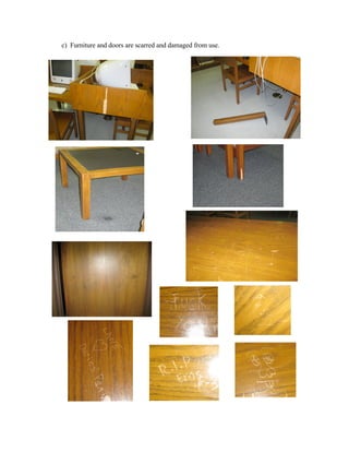c) Furniture and doors are scarred and damaged from use.
 