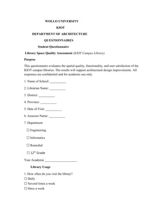 Comprehensive Student Questionnaire for Assessing KIOT Campus Library ...