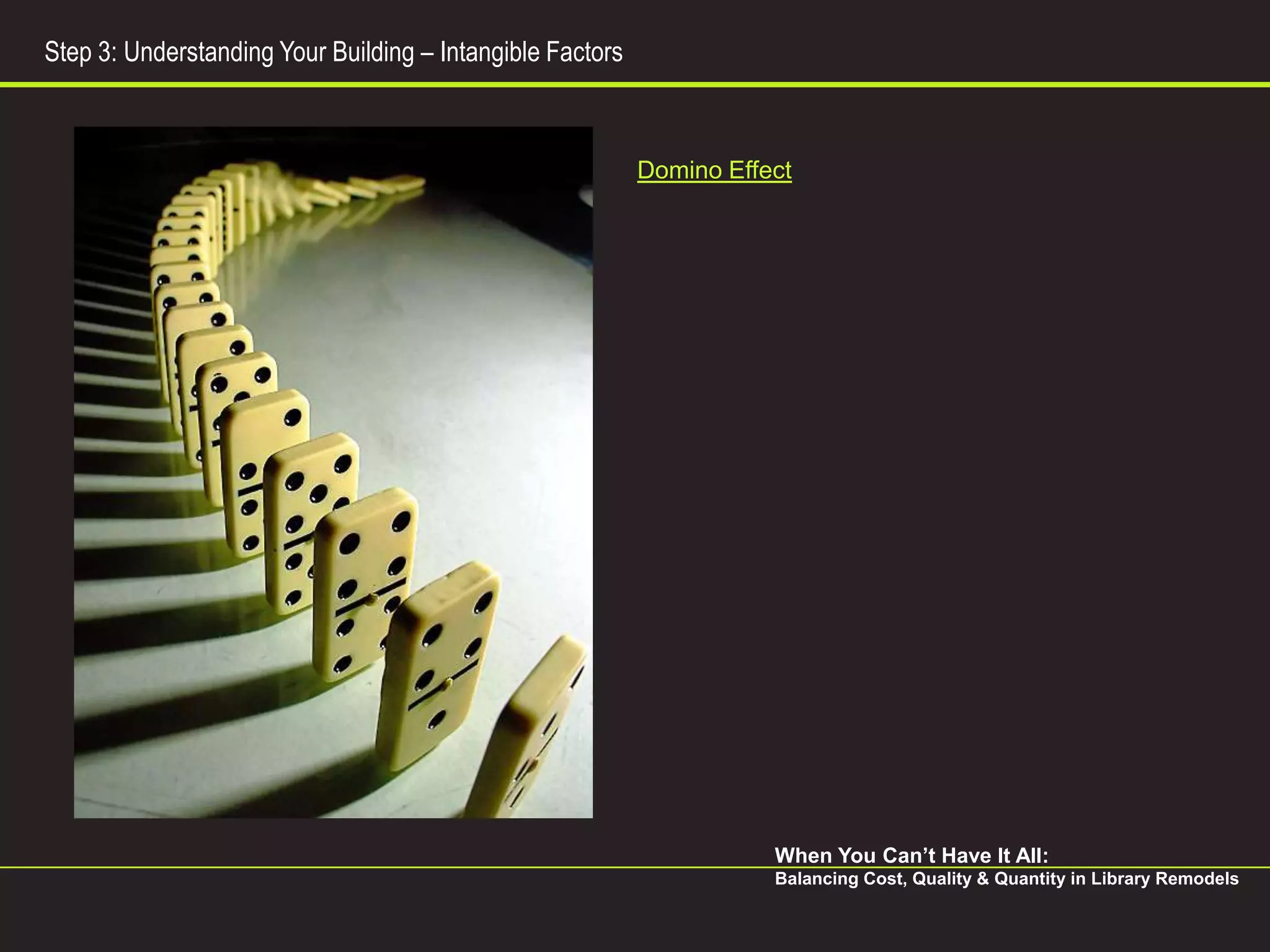 Step 3: Understanding Your Building – Intangible Factors



                                                           Domino Effect




                                                                      When You Can’t Have It All:
                                                                      Balancing Cost, Quality & Quantity in Library Remodels
 