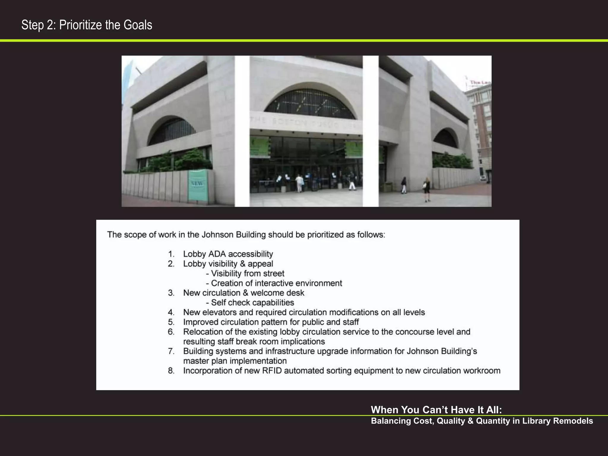 Step 2: Prioritize the Goals




                               When You Can’t Have It All:
                               Balancing Cost, Quality & Quantity in Library Remodels
 