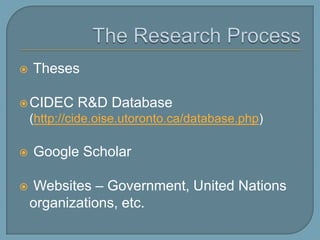 The Research Process5. Refine, focus, or expand your topic as well as your keywords and descriptors6. Scan the literature and critically appraise sources to determine which are the most relevant to your research. 