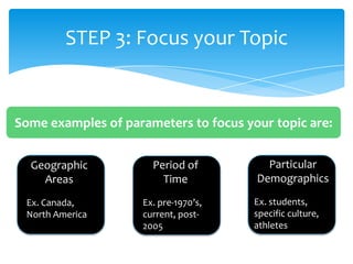 STEP 3: Focus your Topic


Some examples of parameters to focus your topic are:


  Geographic          Period of          Particular
    Areas               Time           Demographics

 Ex. Canada,        Ex. pre-1970’s,    Ex. students,
 North America      current, post-     specific culture,
                    2005               athletes
 