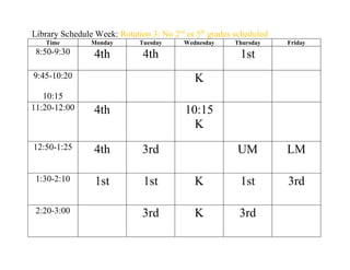 Library Schedule Week: Rotation 3: No 2nd or 5th grades scheduled
   Time         Monday       Tuesday     Wednesday     Thursday     Friday
 8:50-9:30       4th          4th                        1st
9:45-10:20                                  K
   10:15
11:20-12:00      4th                      10:15
                                            K
12:50-1:25       4th          3rd                       UM          LM

 1:30-2:10       1st          1st           K            1st        3rd

 2:20-3:00                    3rd           K            3rd
 