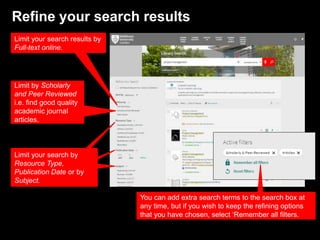 Refine your search results
Limit your search results by
Full-text online.
Limit by Scholarly
and Peer Reviewed
i.e. find g...