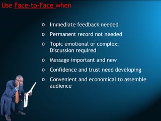 Use  Face-to-Face  when   <ul><li>Immediate feedback needed </li></ul><ul><li>Permanent record not needed </li></ul><ul><l...