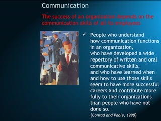 Communication The success of an organization depends on the communication skills of all its employees   <ul><li>People who...
