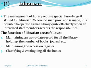 (1) Librarian –
 The management of library require special knowledge &
skilled full librarian. Where no such provision is made, it is
possible to operate a small library quite effectively when an
interested staff members accepts the responsibilities.
The function of librarian are as follows:
1. Maintaining an up-to-date record for all the library
holding- the number of books, journal etc.
2. Maintaining the accession register.
3. Classifying & cataloguing all the books.
10/14/2017 AMITY COLLEGE OF NURSING 7
 