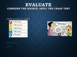 EVALUATE
CONSIDER THE SOURCE: APPLY THE CRAAP TEST
CRAAP questions to consider:
libguides.humber.ca336 × 312
nsscomic2.gif
 