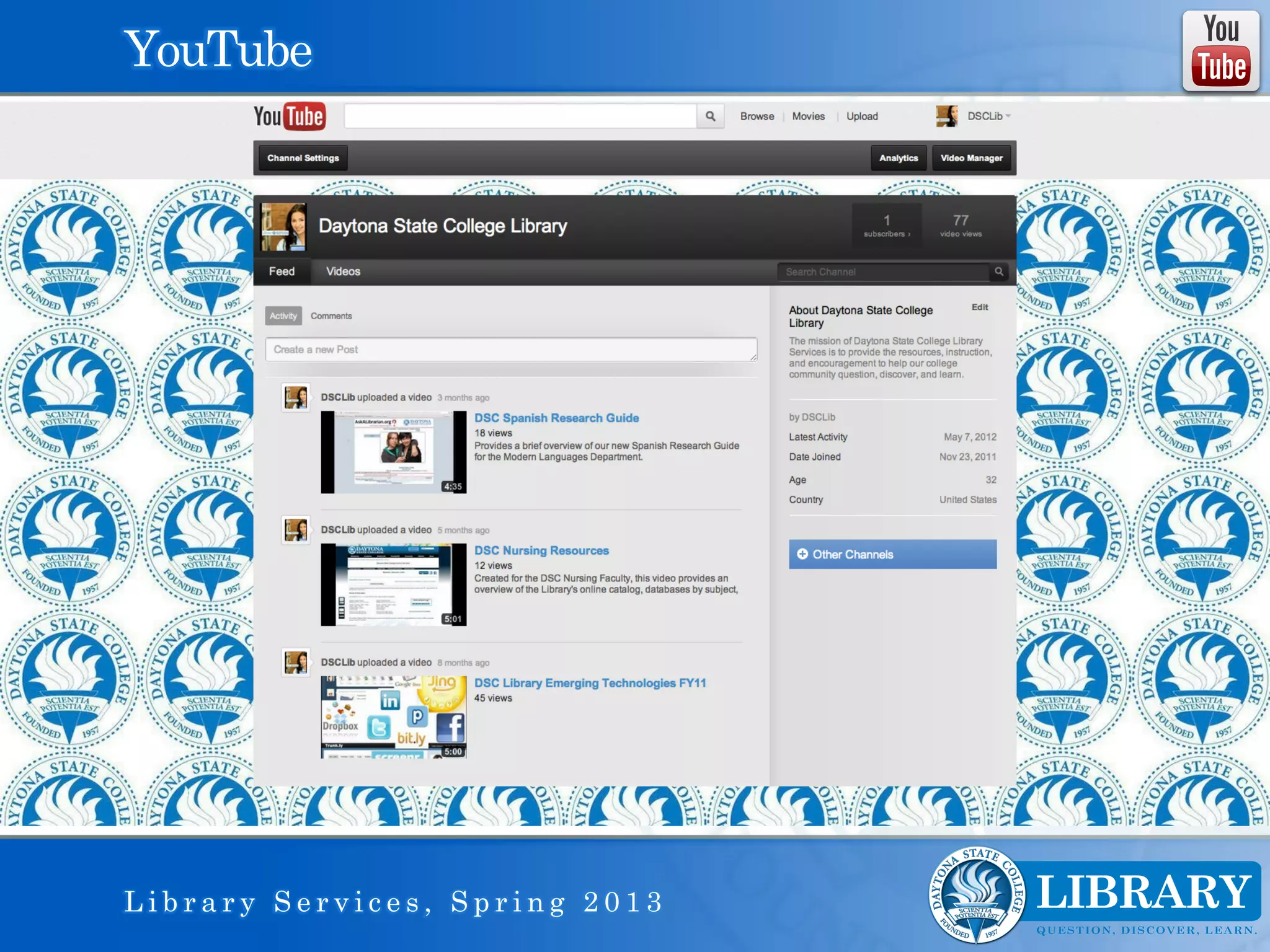 YouTube




Library Services, Spring 2013
 