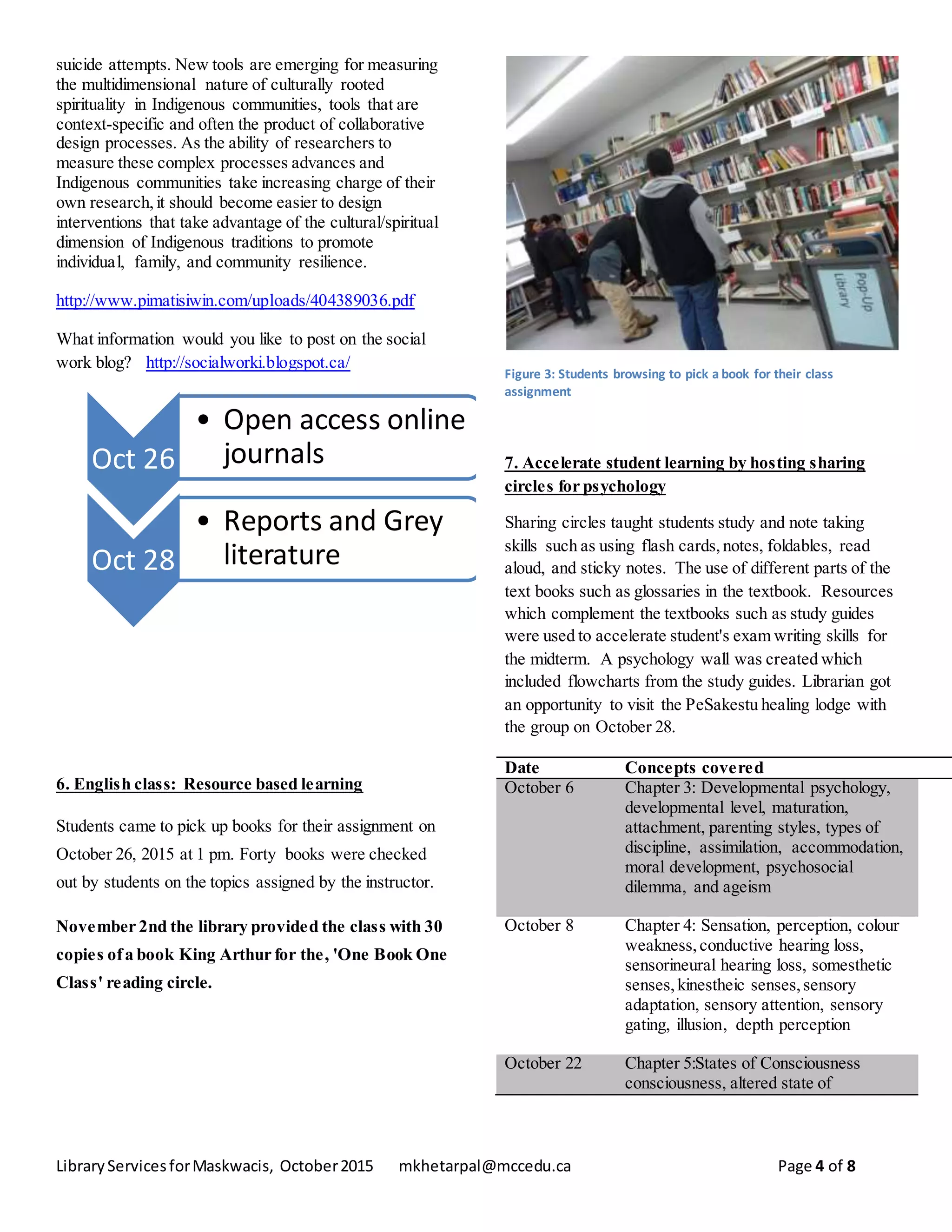 LibraryServicesforMaskwacis, October2015 mkhetarpal@mccedu.ca Page 4 of 8
suicide attempts. New tools are emerging for measuring
the multidimensional nature of culturally rooted
spirituality in Indigenous communities, tools that are
context-specific and often the product of collaborative
design processes. As the ability of researchers to
measure these complex processes advances and
Indigenous communities take increasing charge of their
own research,it should become easier to design
interventions that take advantage of the cultural/spiritual
dimension of Indigenous traditions to promote
individual, family, and community resilience.
http://www.pimatisiwin.com/uploads/404389036.pdf
What information would you like to post on the social
work blog? http://socialworki.blogspot.ca/
6. English class: Resource based learning
Students came to pick up books for their assignment on
October 26, 2015 at 1 pm. Forty books were checked
out by students on the topics assigned by the instructor.
November 2nd the library provided the class with 30
copies ofa book King Arthur for the, 'One Book One
Class' reading circle.
Figure 3: Students browsing to pick a book for their class
assignment
7. Accelerate student learning by hosting sharing
circles for psychology
Sharing circles taught students study and note taking
skills such as using flash cards,notes, foldables, read
aloud, and sticky notes. The use of different parts of the
text books such as glossaries in the textbook. Resources
which complement the textbooks such as study guides
were used to accelerate student's exam writing skills for
the midterm. A psychology wall was created which
included flowcharts from the study guides. Librarian got
an opportunity to visit the PeSakestu healing lodge with
the group on October 28.
Date Concepts covered
October 6 Chapter 3: Developmental psychology,
developmental level, maturation,
attachment, parenting styles, types of
discipline, assimilation, accommodation,
moral development, psychosocial
dilemma, and ageism
October 8 Chapter 4: Sensation, perception, colour
weakness,conductive hearing loss,
sensorineural hearing loss, somesthetic
senses,kinestheic senses,sensory
adaptation, sensory attention, sensory
gating, illusion, depth perception
October 22 Chapter 5:States of Consciousness
consciousness, altered state of
Oct 26
• Open access online
journals
Oct 28
• Reports and Grey
literature
 