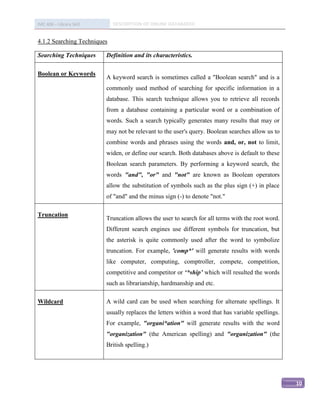 IMC 406 – Library Skill      DESCRIPTION OF ONLINE DATABASED


4.1.2 Searching Techniques

Searching Techniques      Definition and its characteristics.

Boolean or Keywords
                          A keyword search is sometimes called a "Boolean search" and is a
                          commonly used method of searching for specific information in a
                          database. This search technique allows you to retrieve all records
                          from a database containing a particular word or a combination of
                          words. Such a search typically generates many results that may or
                          may not be relevant to the user's query. Boolean searches allow us to
                          combine words and phrases using the words and, or, not to limit,
                          widen, or define our search. Both databases above is default to these
                          Boolean search parameters. By performing a keyword search, the
                          words "and", "or" and "not" are known as Boolean operators
                          allow the substitution of symbols such as the plus sign (+) in place
                          of "and" and the minus sign (-) to denote "not."

Truncation
                          Truncation allows the user to search for all terms with the root word.
                          Different search engines use different symbols for truncation, but
                          the asterisk is quite commonly used after the word to symbolize
                          truncation. For example, 'comp*' will generate results with words
                          like computer, computing, comptroller, compete, competition,
                          competitive and competitor or ‘*ship’ which will resulted the words
                          such as librarianship, hardmanship and etc.

Wildcard                  A wild card can be used when searching for alternate spellings. It
                          usually replaces the letters within a word that has variable spellings.
                          For example, "organi*ation" will generate results with the word
                          "organization" (the American spelling) and "organization" (the
                          British spelling.)




                                                                                                    10
 