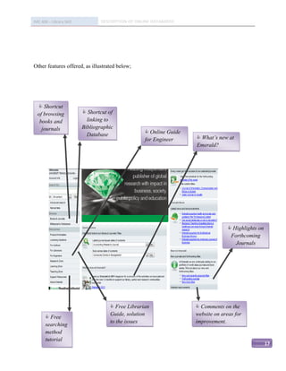 IMC 406 – Library Skill          DESCRIPTION OF ONLINE DATABASED




Other features offered, as illustrated below;




   Shortcut
  of browsing              Shortcut of
   books and                linking to
    journals              Bibliographic
                            Database                Online Guide
                                                   for Engineer      What’s new at
                                                                    Emerald?




                                                                                   Highlights on
                                                                                   Forthcoming
                                                                                     Journals




                                      Free Librarian                Comments on the
                                     Guide, solution                website on areas for
        Free
                                     to the issues                  improvement.
       searching
       method
       tutorial
                                                                                                    17
 