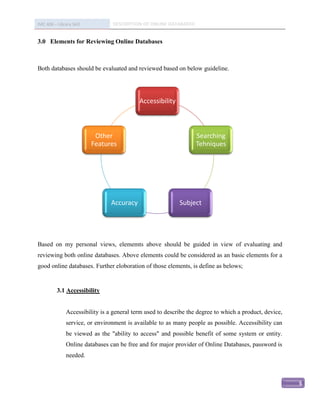 IMC 406 – Library Skill          DESCRIPTION OF ONLINE DATABASED


3.0 Elements for Reviewing Online Databases



Both databases should be evaluated and reviewed based on below guideline.




                                            Accessibility



                           Other                                   Searching
                          Features                                 Tehniques




                                 Accuracy                   Subject




Based on my personal views, elememts above should be guided in view of evaluating and
reviewing both online databases. Above elements could be considered as an basic elements for a
good online databases. Further eloboration of those elements, is define as belows;


          3.1 Accessibility


               Accessibility is a general term used to describe the degree to which a product, device,
               service, or environment is available to as many people as possible. Accessibility can
               be viewed as the "ability to access" and possible benefit of some system or entity.
               Online databases can be free and for major provider of Online Databases, password is
               needed.



                                                                                                         5
 
