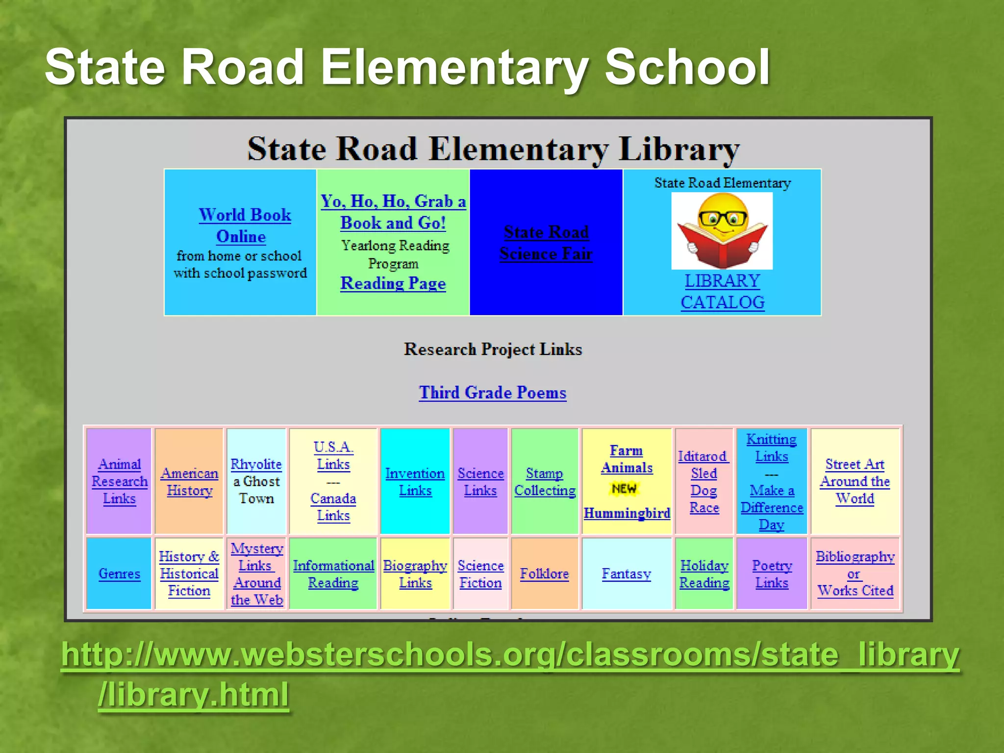 State Road Elementary School




http://www.websterschools.org/classrooms/state_library
   /library.html
 
