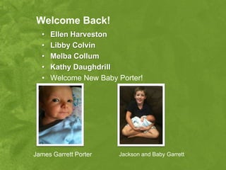 Welcome Back!
  •   Ellen Harveston
  •   Libby Colvin
  •   Melba Collum
  •   Kathy Daughdrill
  •   Welcome New Baby Porter!




James Garrett Porter   Jackson and Baby Garrett
 