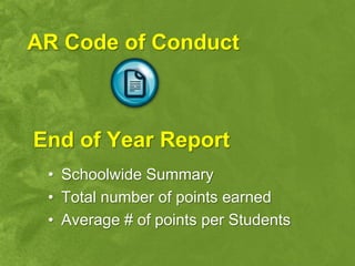 AR Code of Conduct



End of Year Report
 • Schoolwide Summary
 • Total number of points earned
 • Average # of points per Students
 
