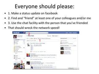 Everyone should please: 1. Make a status update on facebook 2. Find and “friend” at least one of your colleagues and/or me 3. Use the chat facility with the person that you’ve friended That should wreck the network speed! 1 2 3 