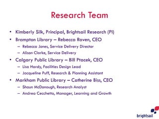 Research Team
• Kimberly Silk, Principal, Brightsail Research (PI)
• Brampton Library – Rebecca Raven, CEO
– Rebecca Jones...