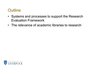 OutlineSystems and processes to support the Research Evaluation Framework The relevance of academic libraries to research