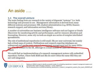 An aside ….Rightscom (2009) A project to identify successful models  for embedding repositories in research management systems and processes within higher education institutions . London: Rightscom.http://ie-repository.jisc.ac.uk/408/2/embedding_repositories_in_research_management_systems_final_report_20090923.pdf