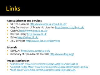M25 Consortium of Academic LibrariesResearch networksMendeley http://www.mendeley.com/ScienceBlogs http://scienceblogs.com/ResearcherID http://www.researcherid.com/Academia.edu http://academia.edu/Research Blogging http://researchblogging.org/ResearchGate http://www.researchgate.net/SciVee http://www.scivee.tv/Zotero http://www.zotero.org/Public Library of Science http://www.plos.org/