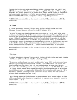 6
Multiple requests were again sent to non-responding libraries. Completed returns were received from
2298 libraries reporting 5000 volumes or over, 3342 reporting 1000-4999, and about 2700 reporting less
than 1000. “It is believed that nearly all the libraries having as many as 5,000 volumes are represented in
the list published in this bulletin…” (p. 7). The report does include summary statistics by state for
libraries with 1000-4999 volumes. The report also includes a copy of the questionnaire.
Of 2298 total libraries included in our final data set, we classify 1082 as public (narrow) and 1242 as
public (wide).
1913 report
U.S. Dept. of the Interior, Bureau of Education. 1915. “Statistics of Public, Society, and School
Libraries,” Bureau of Education Bulletin 1915, No. 25. Washington: GPO.
The text of the report notes that schedules were sent to each library on a list of “nearly 18,000 public,
society, and school libraries” (p. 7). “The returns came in slowly and many of them imperfectly made out.
Before the close of 1914 six separate requests for information had been sent to delinquent librarians. The
returns which could be tabulated numbered 13,686” (p. 7). As for the 1908 report, data for individual
libraries with at least 5,000 volumes are published, along with summary statistics by state for libraries
with 1000-4999 volumes. As noted above, beginning with the 1913 report the classification scheme used
in the published statistics changed rather dramatically, with libraries now classified by the locus of
control (town government, corporation, etc.). The report again includes a copy of the questionnaire.
Of 1845 total libraries included in our final data set, we classify 1172 as public (narrow) and 1390 as
public (wide).
1923 report
U.S. Dept. of the Interior, Bureau of Education. 1926. “Statistics of Public, Society, and School Libraries,
1923” Bureau of Education Bulletin 1926, No. 9. Washington: GPO.
The text notes that the schedules were sent to an address list of “about 18,000 public, society, and school
libraries.” Again, multiple requests were made as needed. A total of 8544 returns were received from
libraries with at least 1000 volumes, with 2569 from smaller libraries. The report notes a decrease
between the 1913 and 1923 reports in the number of returns from libraries with 1000-4999 volumes. The
1923 reports suggests this may be due to some of the smaller libraries growing beyond the 5000 volume
threshold, but also notes: “… a large number of the smaller libraries failed to send in returns for 1923 in
time for use, and it was found not practicable to wait longer on these libraries or to make additional
efforts to obtain information from them” (p. 1).
The 1923 report changes the volume threshold for inclusion down to 3000, “In order to widen the scope
of the present bulletin and to give deserved recognition to the important service rendered by many of the
smaller libraries…” (p. 2).
Of 5095 total libraries included in our final data set, we classify 2651 as public (narrow) and 2743 as
public (wide).
 