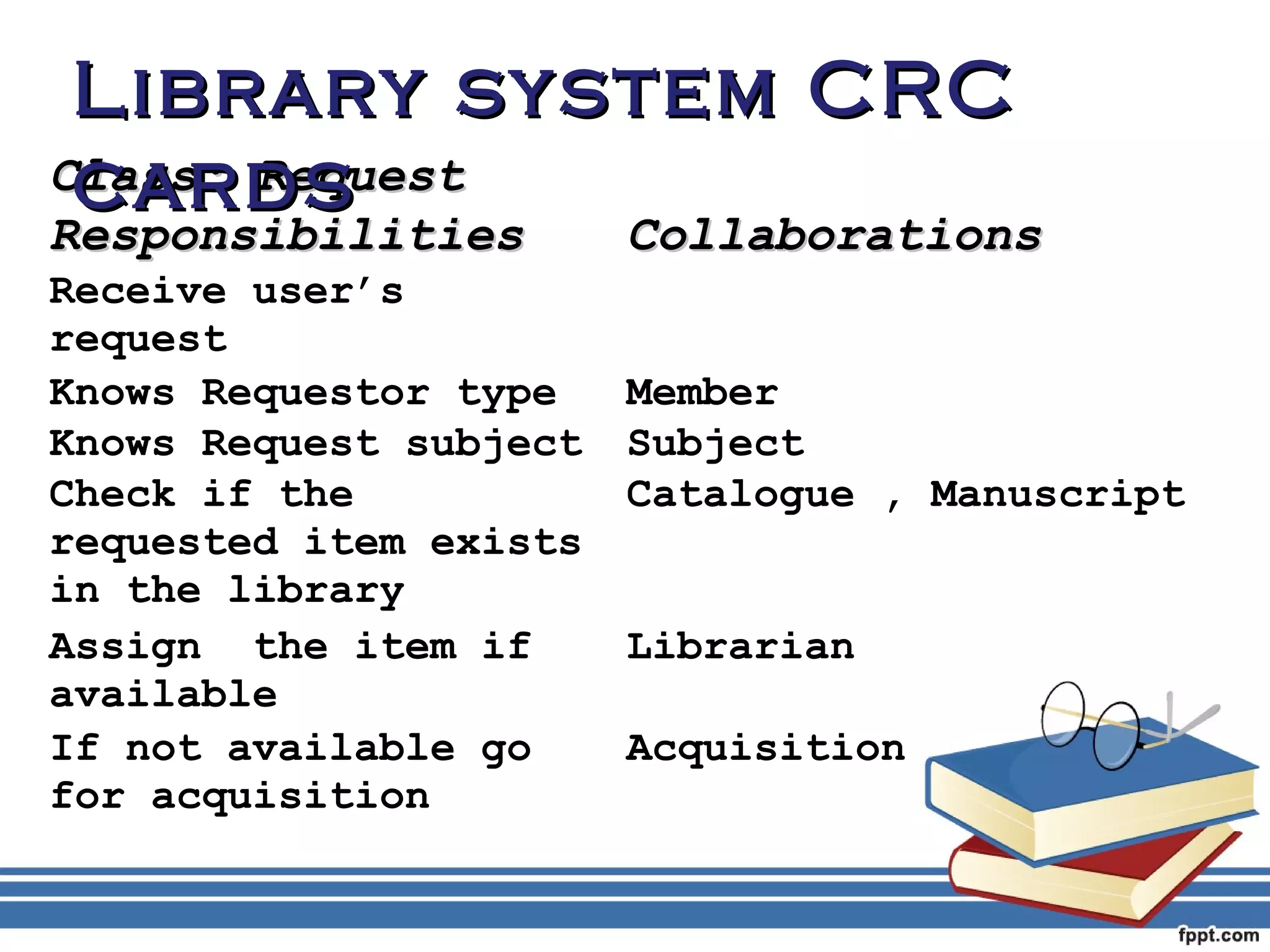 LLiibbrraarryy ssyysstteemm CCRRCC 
ccaarrddss 
CCllaassss:: RReeqquueesstt 
RReessppoonnssiibbiilliittiieess CCoollllaabboorraattiioonnss 
Receive user’s 
request 
Knows Requestor type Member 
Knows Request subject Subject 
Check if the 
requested item exists 
in the library 
Catalogue , Manuscript 
Assign the item if 
available 
Librarian 
If not available go 
for acquisition 
Acquisition 
 