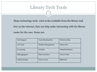 Library Tech Tools
2

Many technology tools exist in the available from the library and

free on the internet, that can help make interacting with the library
easier for the user. Some are:
Tech Support

Team Meeting Sites

File Drop Sites

A/V Tools

Website Management

Memoware

E-Learning

E-Books

Website Statistics

RSS aggregator

File Converters

Text to Voice

Citation Keeper

Text to Voice

RSS Feed

 