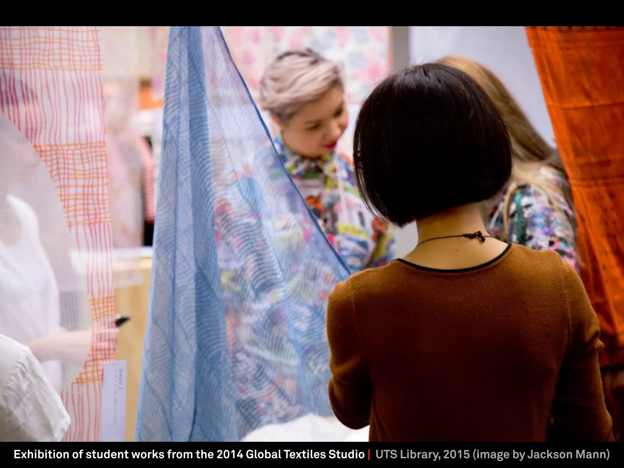 Exhibition of student works from the 2014 Global Textiles Studio | UTS Library, 2015 (image by Jackson Mann)
 