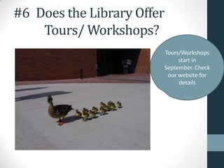 #6 Does the Library Offer
Tours/ Workshops?
Tours/Workshops
start in
September. Check
our website for
details
 