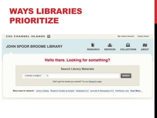WAYS LIBRARIES
PRIORITIZE
 